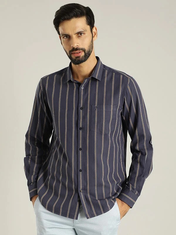 Indian Terrain Men's Slim Fit Full Sleeve Striped Blue Shirt